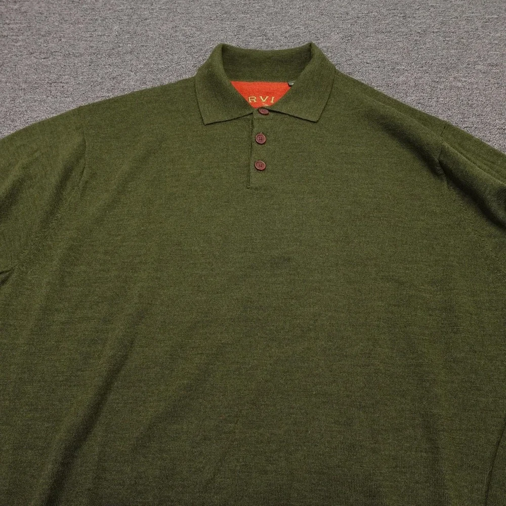 Orvis Sweater Mens XL Green Wool Knit Polo Collar Long Sleeve Pullover Casual